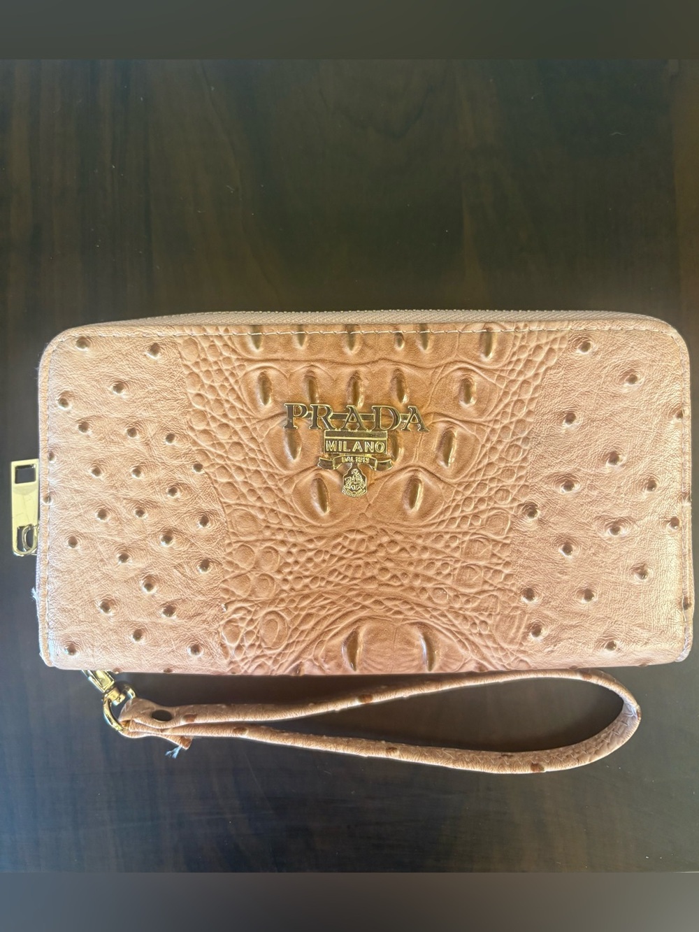 Pink Ostrich-Embossed Long Zippered Wallet